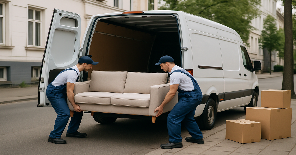 Professionelle Beiladung Bonn – Umzugshelfer verladen ein Sofa in einen Transporter