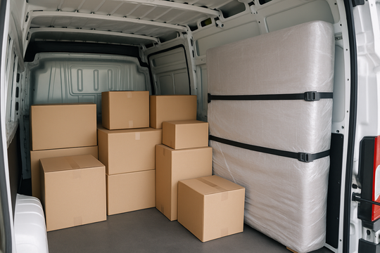 Beiladung Bonn – geteilter Laderaum eines Transporters mit Kartons und Möbeln